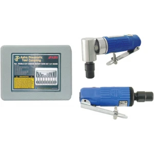 Blue Composite Body 1/4" 90° Angle Die Grinder Front Exhaust - 20,000rpm,Composite Body 1/4" Mini Die Grinder with Safety Lever - 25,000rpm AND 8pc. Double Cut Carbide Rotary Burr Set 1/4" Shank in Blow Molded Case-0