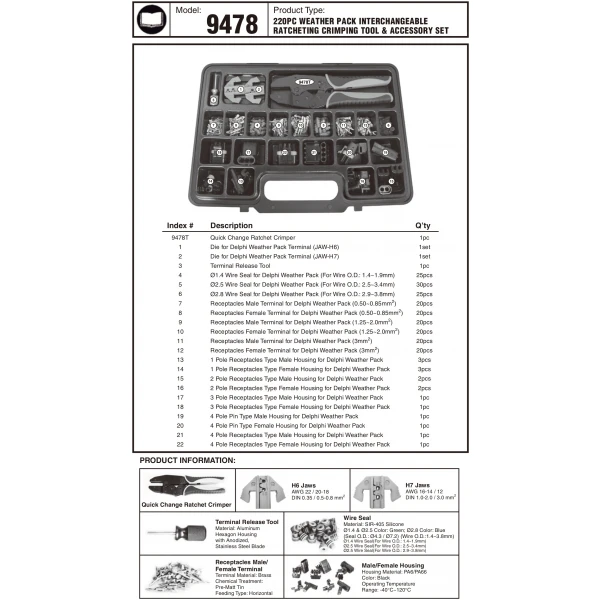 220pc Weather Pack Interchangeable Ratcheting Crimping Tool & Accessory Set-4266